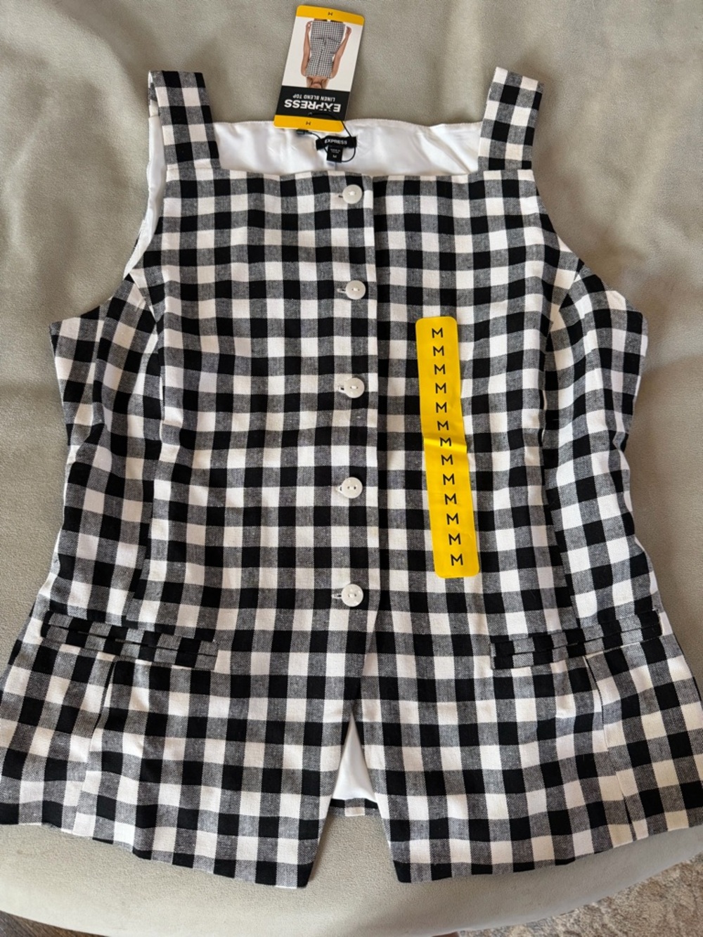 Express Linen Blend Black & White Gingham Button-Front top